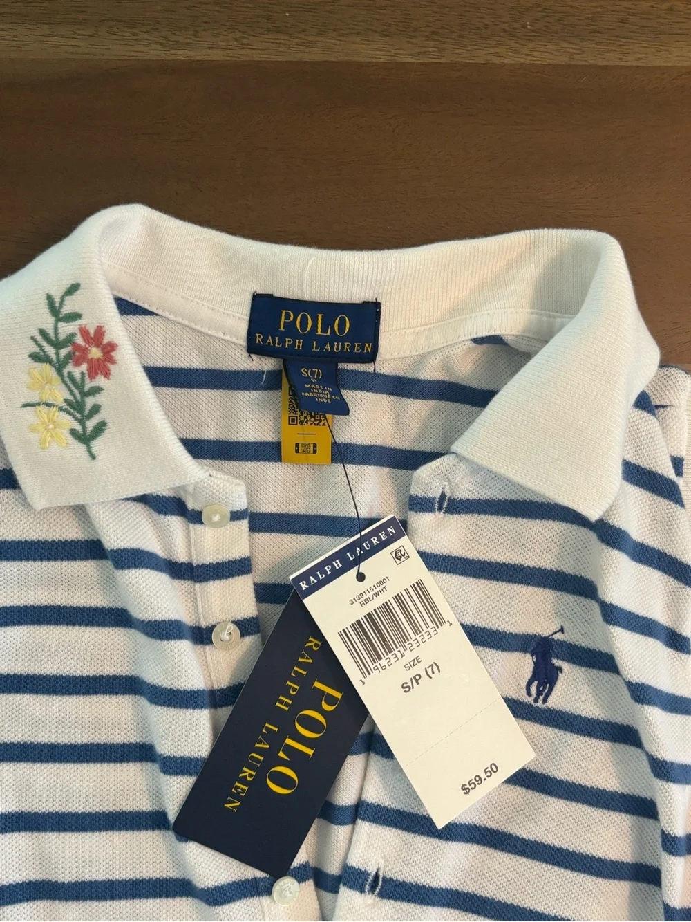 Ralph Lauren Girls White & Blue Striped Floral Polo Romper - S/P (7) NWT